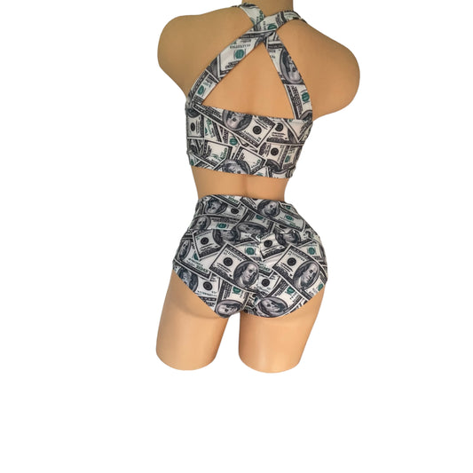 2 Piece Lycra Top and Short Set With Money Print