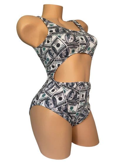 Lycra Frontal High-cut Bodysuit With Money Print