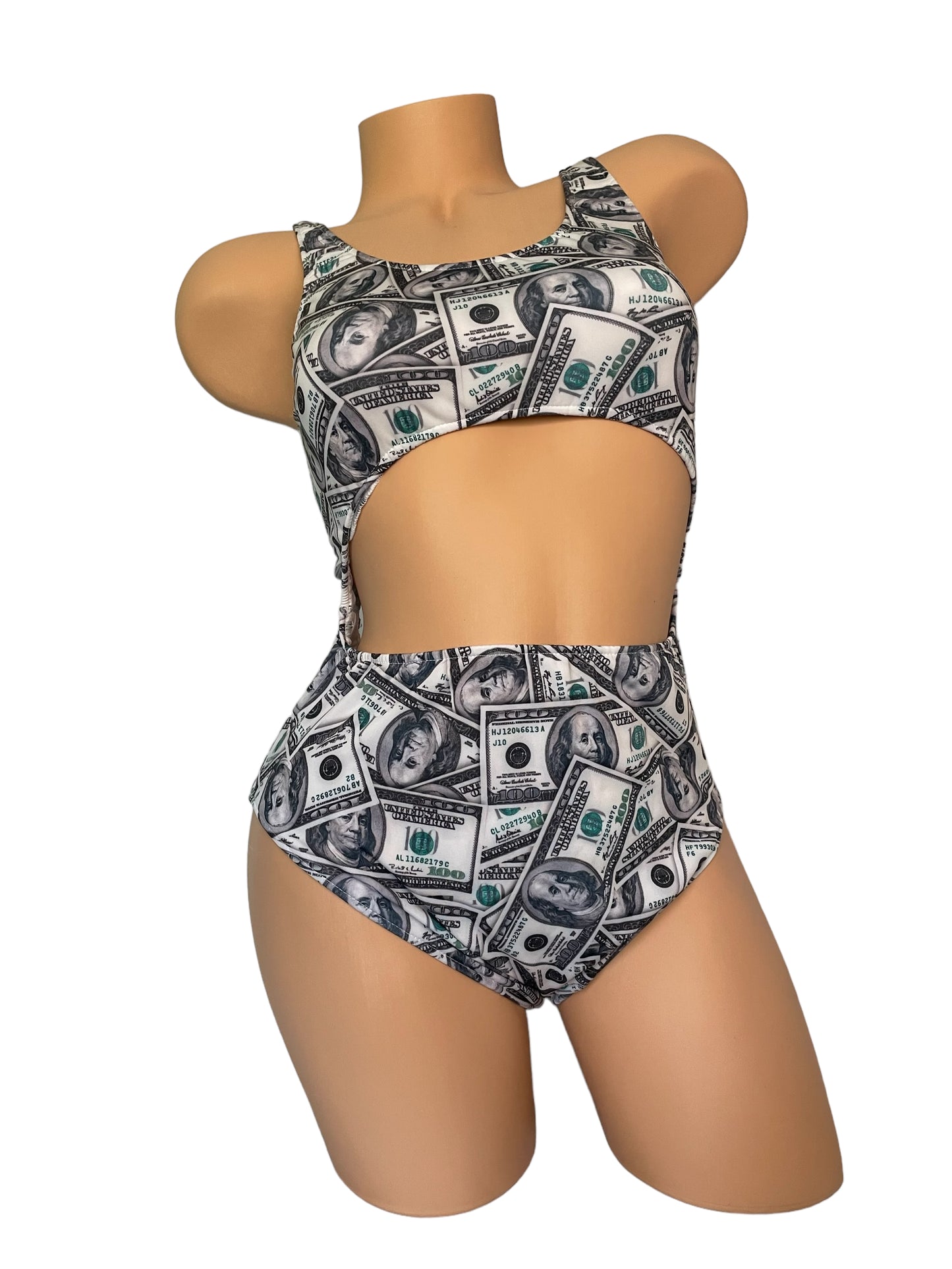 Lycra Frontal High-cut Bodysuit With Money Print